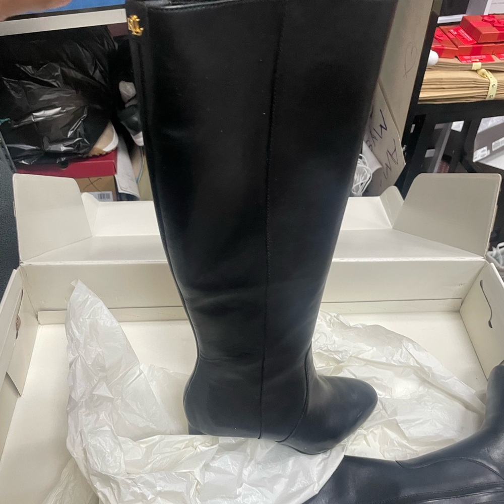 Ralph Lauren Black Leather Caelynn II Heeled Tall Boots